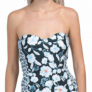 Laundry by Shelli Segal Floral Smocked‎ Side Sweetheart Tankini Top Blue S